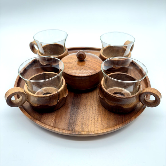 Vintage 60s Teak Tea Coffee Service Set 4 Cups Tray Sugar - Picture 1 of 12